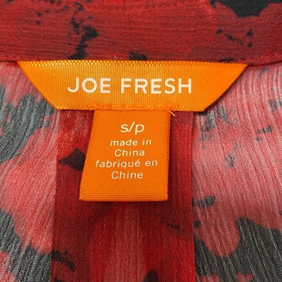 Joe Fresh Sheer Red Black Floral Ruffle Collar Tie Front Top Size Small - Picture 3 of 6